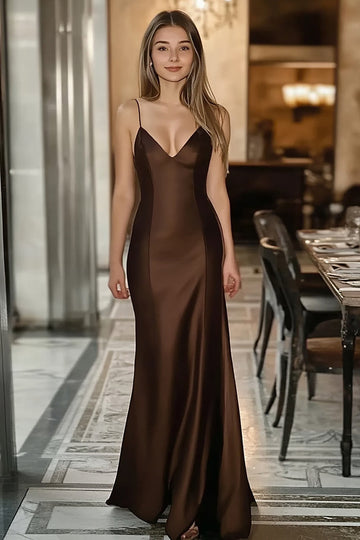 Coffee Satin Spaghetti Straps Mermaid Long Formal Dress